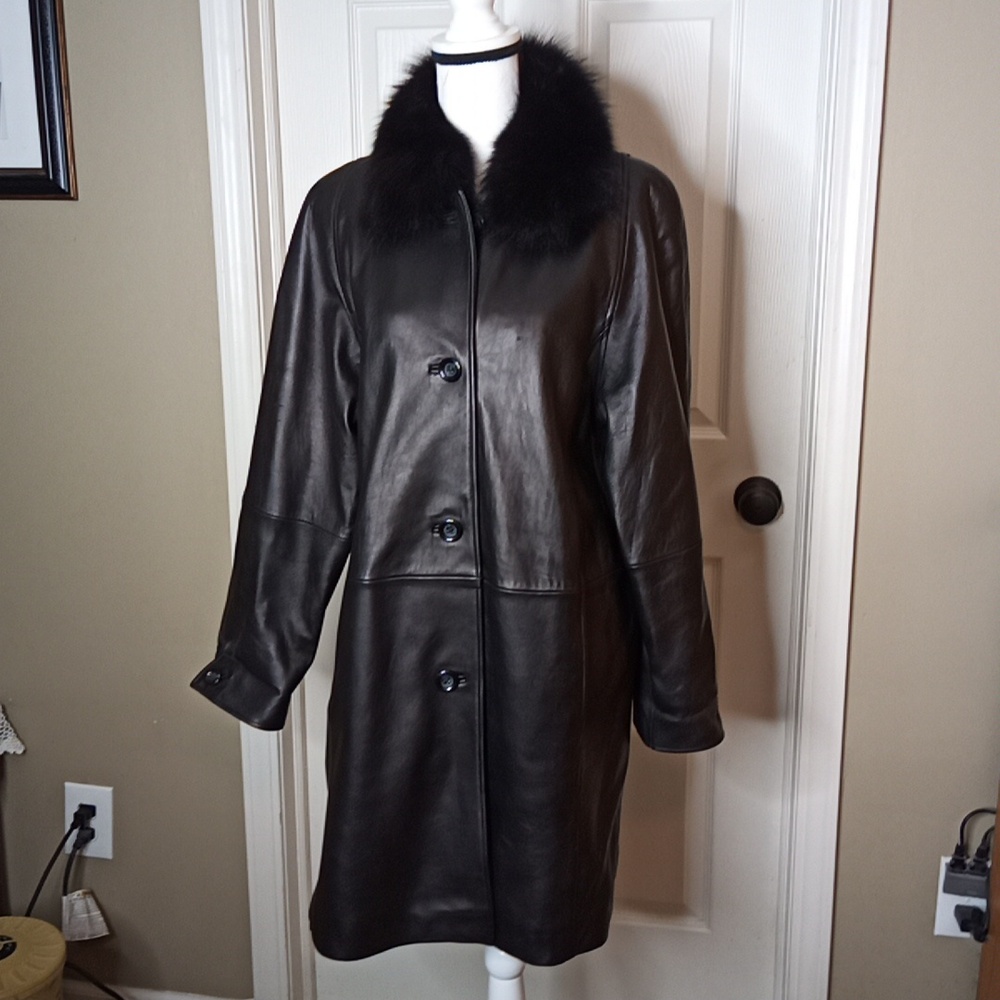 Vintage LNR Sport Black Leather & Removeable Fox Fur Collar 3/4 Length Sz M
